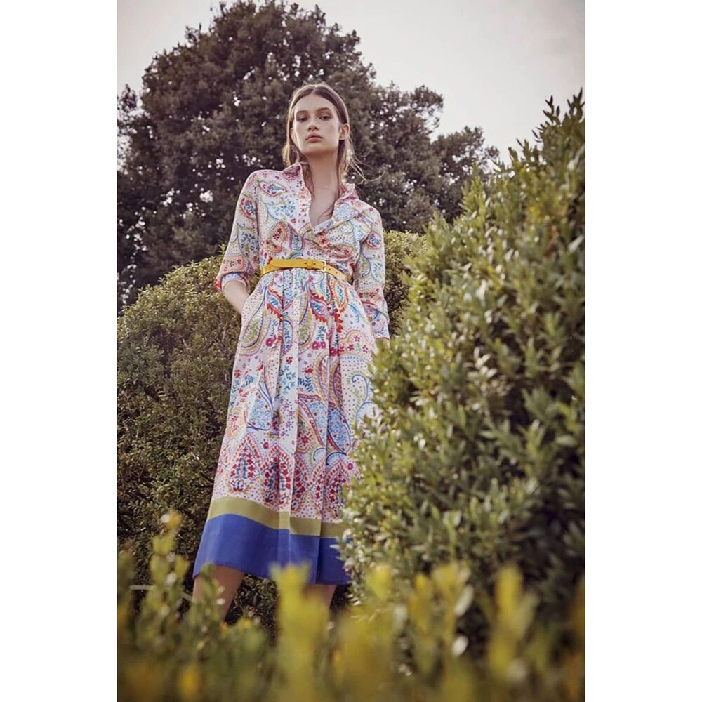 Sara Roka Edna 85 Dress Womens 44 Multicolor Paisley Cotton Shirt Midi Pockets